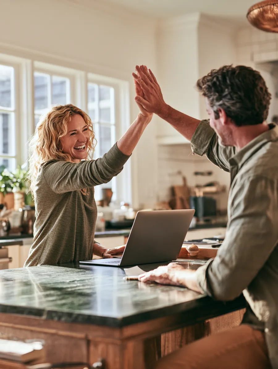 Couple celebrating over a laptop after a personal loan process went smoothly