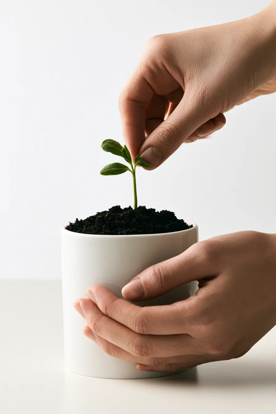 Hands holding a seedling above a pot, steady growth like a well-structured personal loan