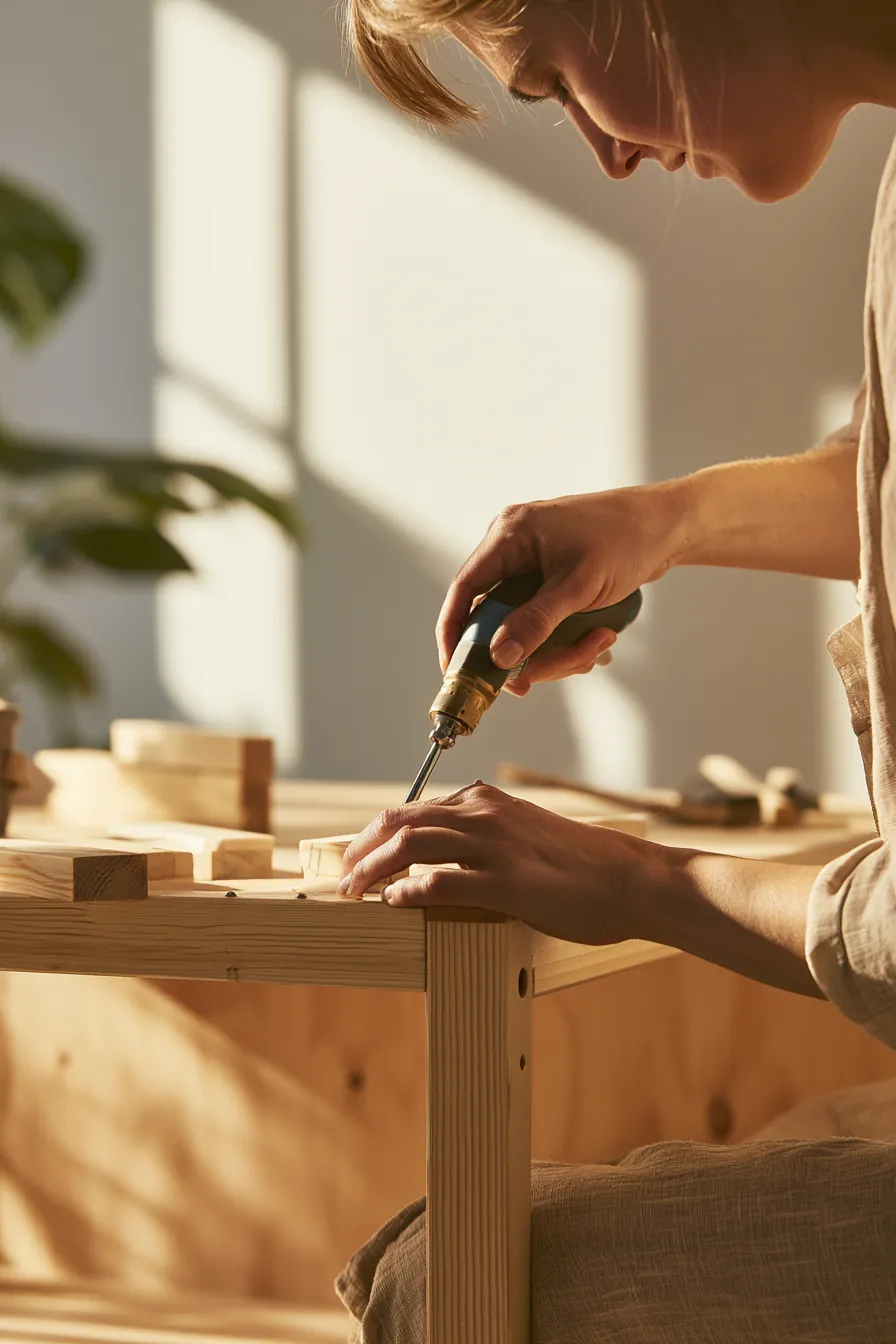 Hands assembling a shelf with a screwdriver, consolidation done one deliberate step at a time
