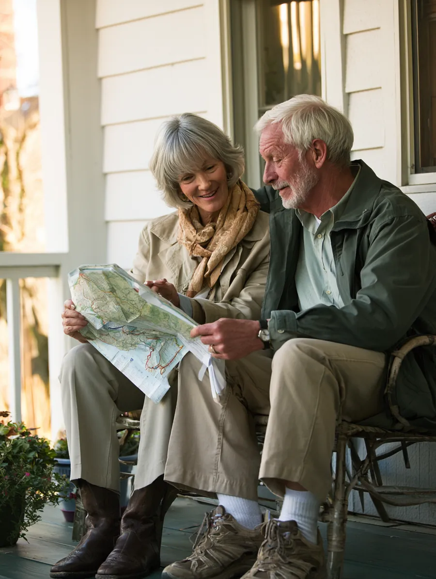 Retired couple studying a road atlas together, verifying the route before trusting it
