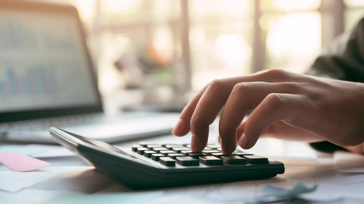 Hand pressing calculator keys beside a laptop showing payment charts